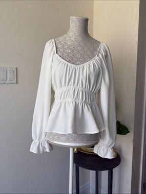 White Smocked Peplum Long-Sleeve Summer Top